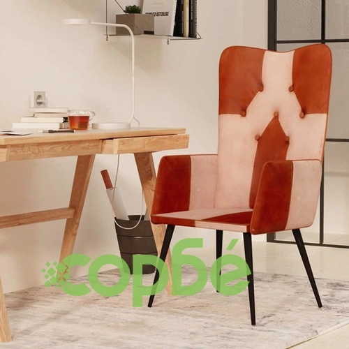 Wingback стол, кафяво и кремаво, естествена кожа ➤ топ цена ➤ sorbe.bg