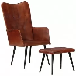 Wingback стол с табуретка, кафяв, естествена кожа