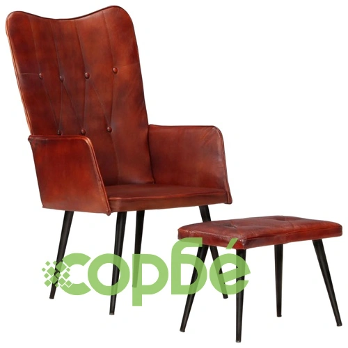 Wingback стол с табуретка, кафяв, естествена кожа ➤ топ цена ➤ sorbe.bg