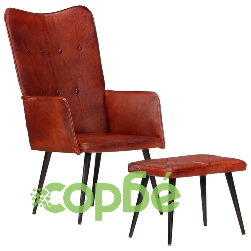 Wingback стол с табуретка, кафяв, естествена кожа ➤ топ цена ➤ sorbe.bg