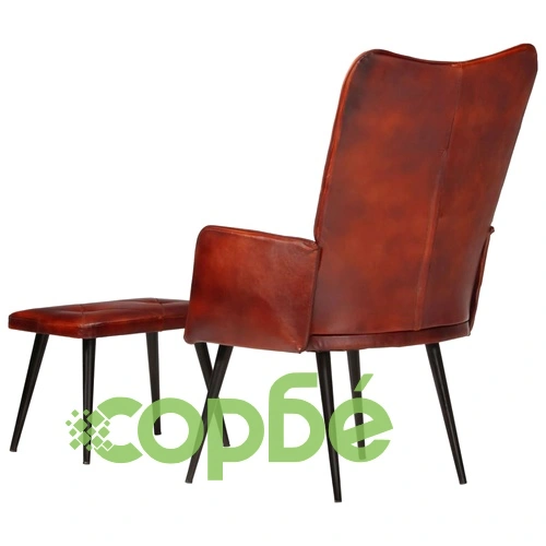 Wingback стол с табуретка, кафяв, естествена кожа ➤ топ цена ➤ sorbe.bg