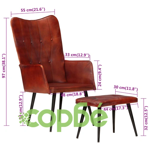 Wingback стол с табуретка, кафяв, естествена кожа ➤ топ цена ➤ sorbe.bg