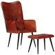 Wingback стол с табуретка, кафяв, естествена кожа