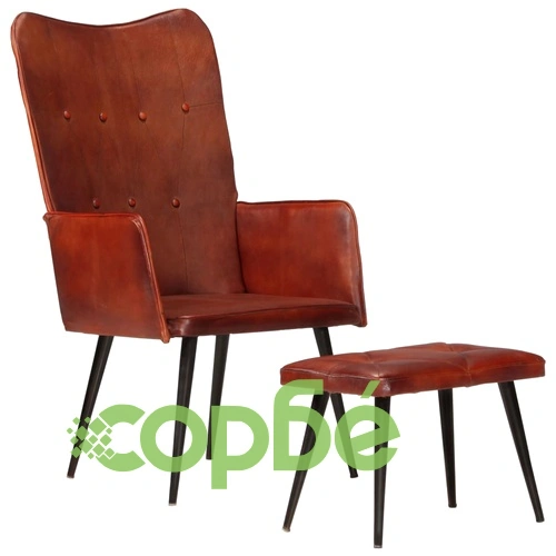 Wingback стол с табуретка, кафяв, естествена кожа ➤ топ цена ➤ sorbe.bg