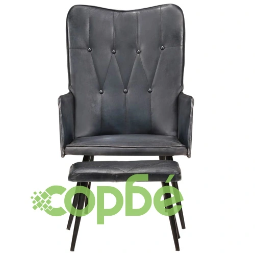Wingback стол с табуретка, сив, естествена кожа ➤ топ цена ➤ sorbe.bg