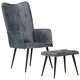 Wingback стол с табуретка, сив, естествена кожа