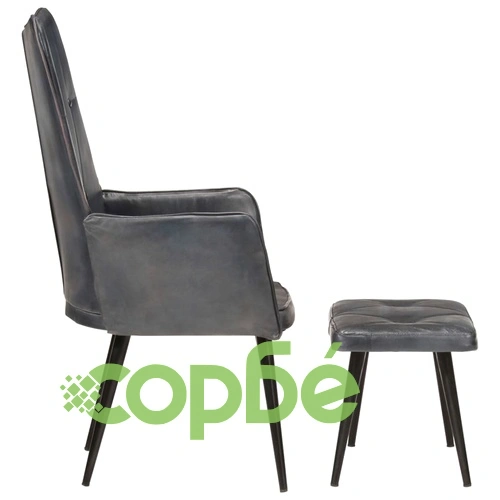 Wingback стол с табуретка, сив, естествена кожа ➤ топ цена ➤ sorbe.bg