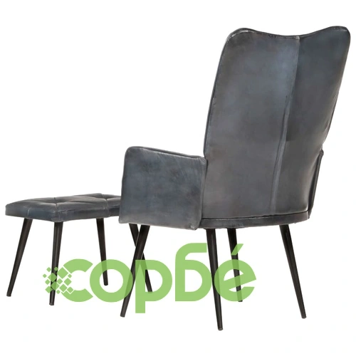 Wingback стол с табуретка, сив, естествена кожа ➤ топ цена ➤ sorbe.bg