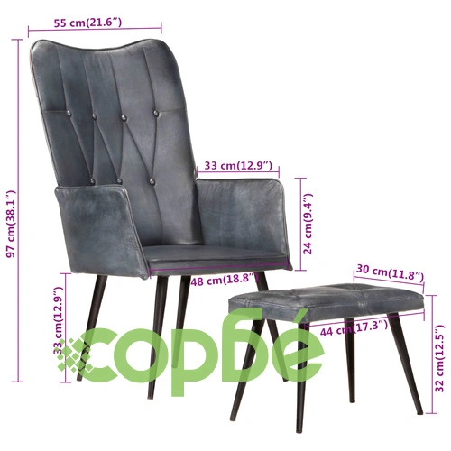 Wingback стол с табуретка, сив, естествена кожа ➤ топ цена ➤ sorbe.bg