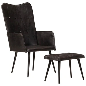 Wingback стол с табуретка, черен, естествена кожа