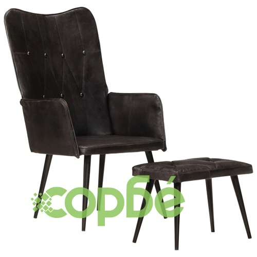 Wingback стол с табуретка, черен, естествена кожа ➤ топ цена ➤ sorbe.bg