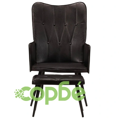 Wingback стол с табуретка, черен, естествена кожа ➤ топ цена ➤ sorbe.bg