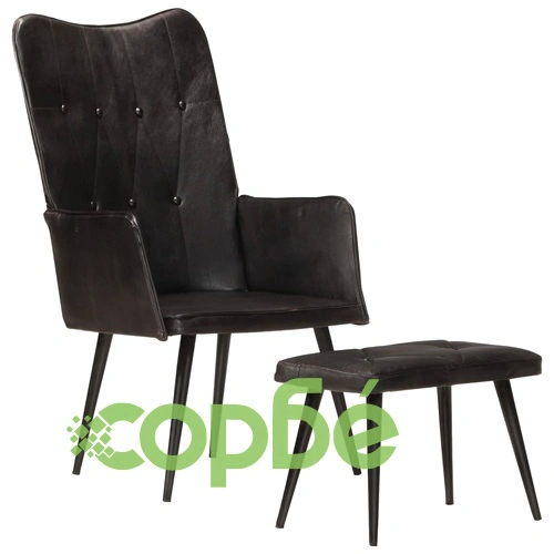 Wingback стол с табуретка, черен, естествена кожа ➤ топ цена ➤ sorbe.bg