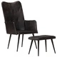 Wingback стол с табуретка, черен, естествена кожа