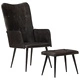 Wingback стол с табуретка, черен, естествена кожа