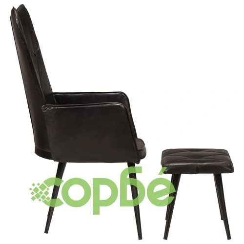 Wingback стол с табуретка, черен, естествена кожа ➤ топ цена ➤ sorbe.bg
