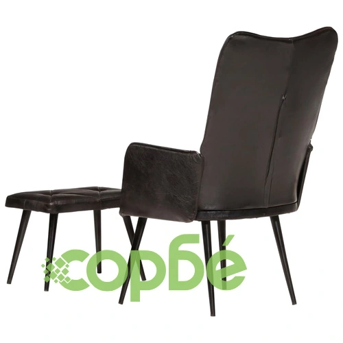 Wingback стол с табуретка, черен, естествена кожа ➤ топ цена ➤ sorbe.bg