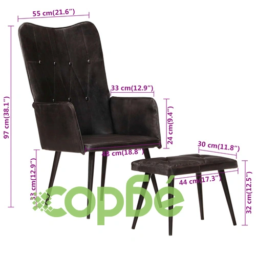 Wingback стол с табуретка, черен, естествена кожа ➤ топ цена ➤ sorbe.bg