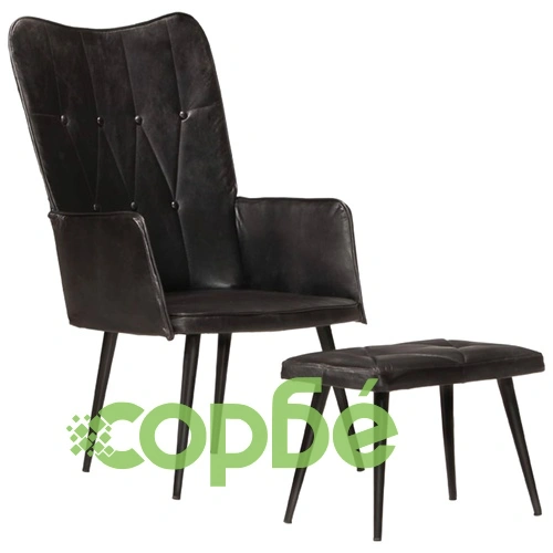 Wingback стол с табуретка, черен, естествена кожа ➤ топ цена ➤ sorbe.bg