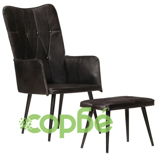 Wingback стол с табуретка, черен, естествена кожа ➤ топ цена ➤ sorbe.bg