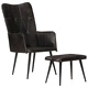 Wingback стол с табуретка, черен, естествена кожа