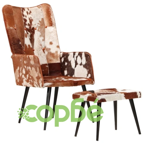 Wingback стол с табуретка, кафяв, естествена кожа ➤ топ цена ➤ sorbe.bg