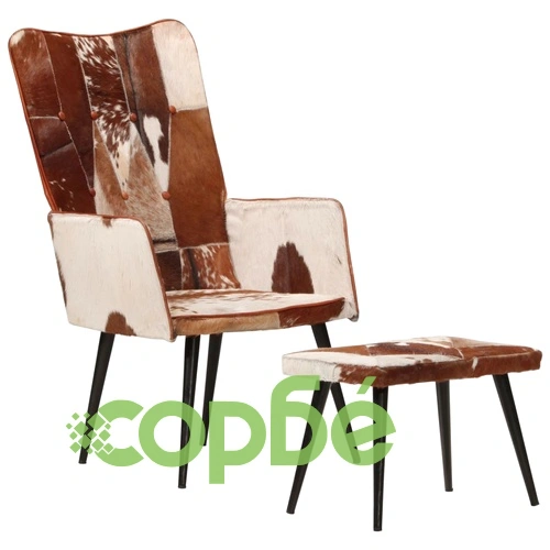 Wingback стол с табуретка, кафяв, естествена кожа ➤ топ цена ➤ sorbe.bg