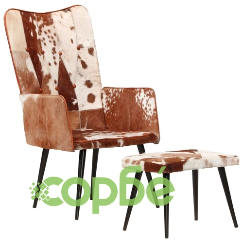 Wingback стол с табуретка, кафяв, естествена кожа ➤ топ цена ➤ sorbe.bg