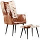 Wingback стол с табуретка, кафяв, естествена кожа