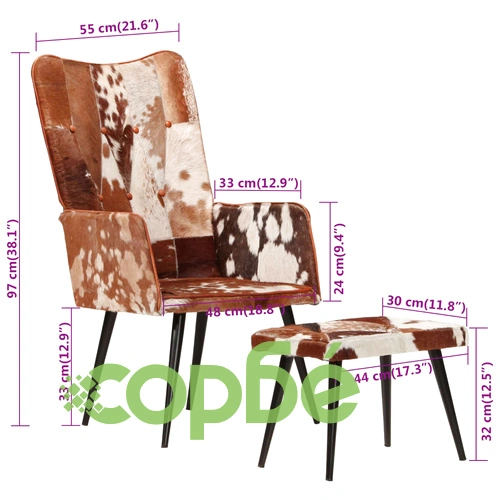 Wingback стол с табуретка, кафяв, естествена кожа ➤ топ цена ➤ sorbe.bg