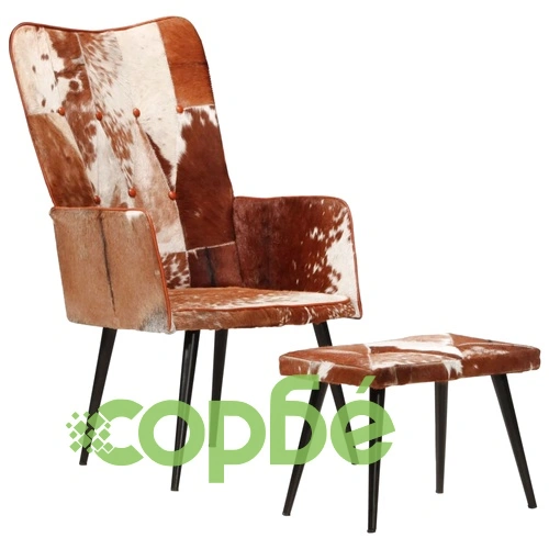 Wingback стол с табуретка, кафяв, естествена кожа ➤ топ цена ➤ sorbe.bg
