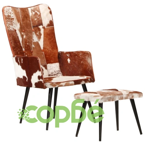 Wingback стол с табуретка, кафяв, естествена кожа ➤ топ цена ➤ sorbe.bg