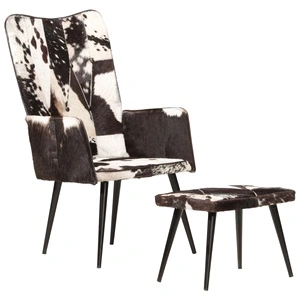 Wingback стол с табуретка, черен, естествена кожа
