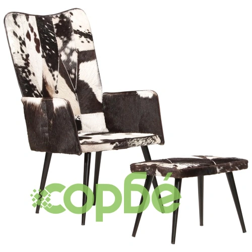 Wingback стол с табуретка, черен, естествена кожа ➤ топ цена ➤ sorbe.bg