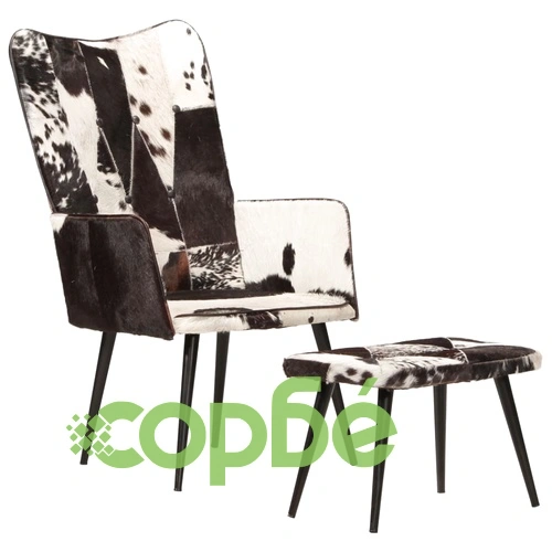 Wingback стол с табуретка, черен, естествена кожа ➤ топ цена ➤ sorbe.bg