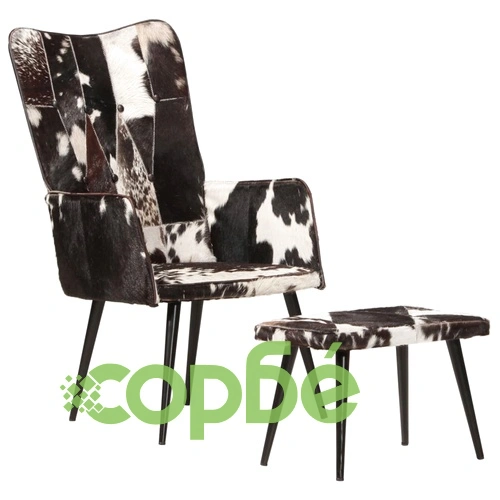Wingback стол с табуретка, черен, естествена кожа ➤ топ цена ➤ sorbe.bg
