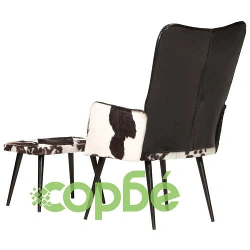 Wingback стол с табуретка, черен, естествена кожа ➤ топ цена ➤ sorbe.bg