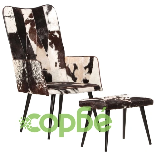 Wingback стол с табуретка, черен, естествена кожа ➤ топ цена ➤ sorbe.bg