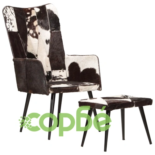 Wingback стол с табуретка, черен, естествена кожа ➤ топ цена ➤ sorbe.bg