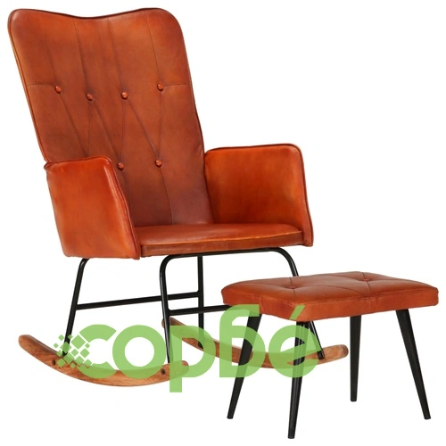 Люлеещ се стол с табуретка, кафеникав, естествена кожа ➤ топ цена ➤ sorbe.bg