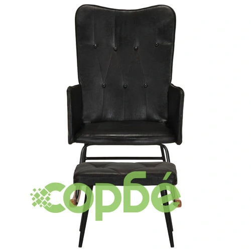 Люлеещ се стол с табуретка, черен, естествена кожа ➤ топ цена ➤ sorbe.bg