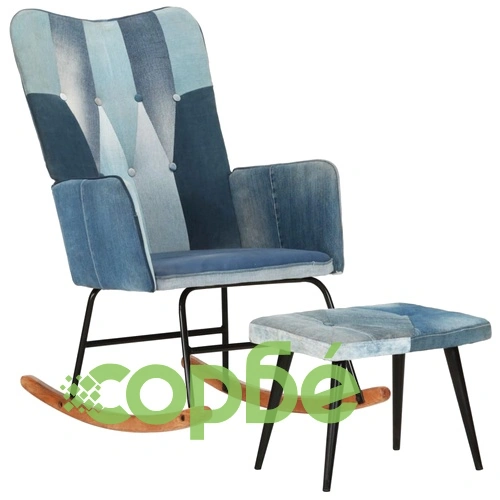 Люлеещ се стол с табуретка син деним пачуърк платно ➤ топ цена ➤ sorbe.bg