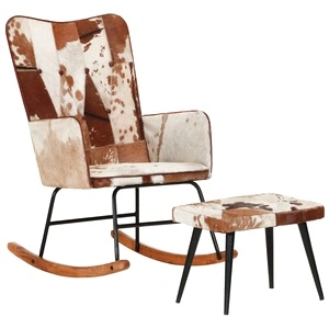 Люлеещ се стол с табуретка кафяв естествена кожа