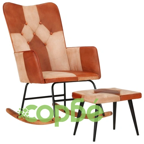 Люлеещ се стол с табуретка, кафяв, естествена кожа и платно ➤ топ цена ➤ sorbe.bg