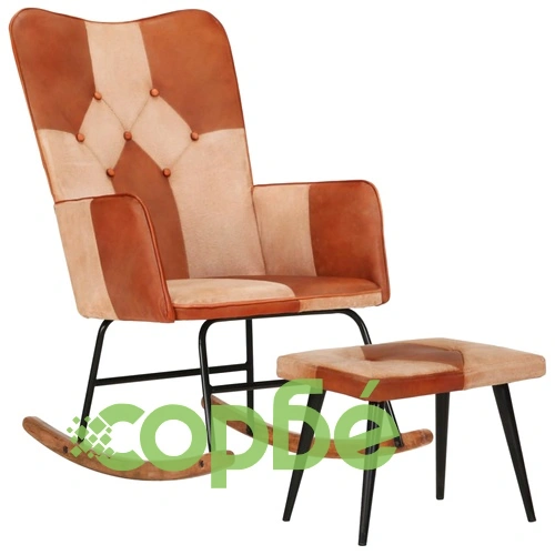 Люлеещ се стол с табуретка, кафяв, естествена кожа и платно ➤ топ цена ➤ sorbe.bg