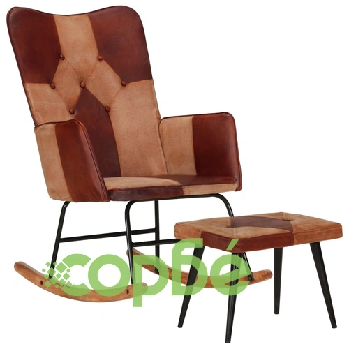 Люлеещ се стол с табуретка, кафяв, естествена кожа и платно ➤ топ цена ➤ sorbe.bg