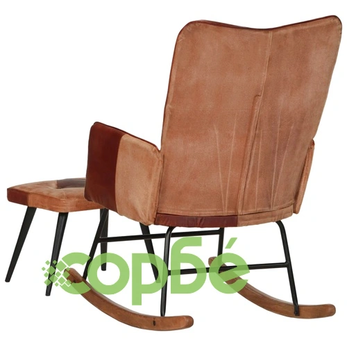 Люлеещ се стол с табуретка, кафяв, естествена кожа и платно ➤ топ цена ➤ sorbe.bg