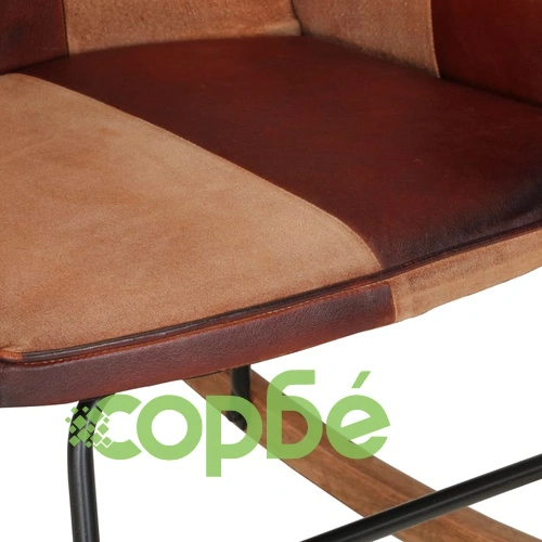 Люлеещ се стол с табуретка, кафяв, естествена кожа и платно ➤ топ цена ➤ sorbe.bg