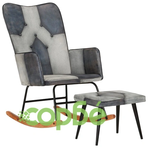 Люлеещ се стол с табуретка, сив, естествена кожа и платно ➤ топ цена ➤ sorbe.bg