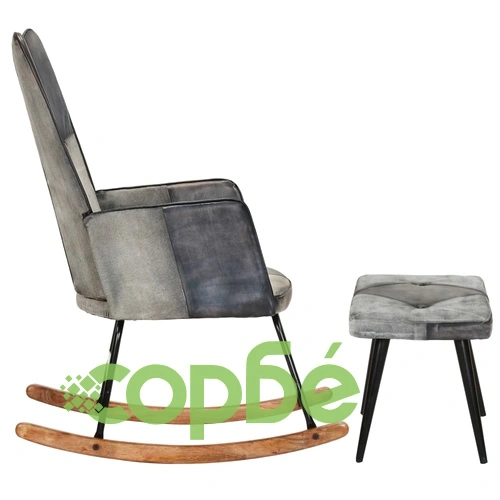 Люлеещ се стол с табуретка, сив, естествена кожа и платно ➤ топ цена ➤ sorbe.bg